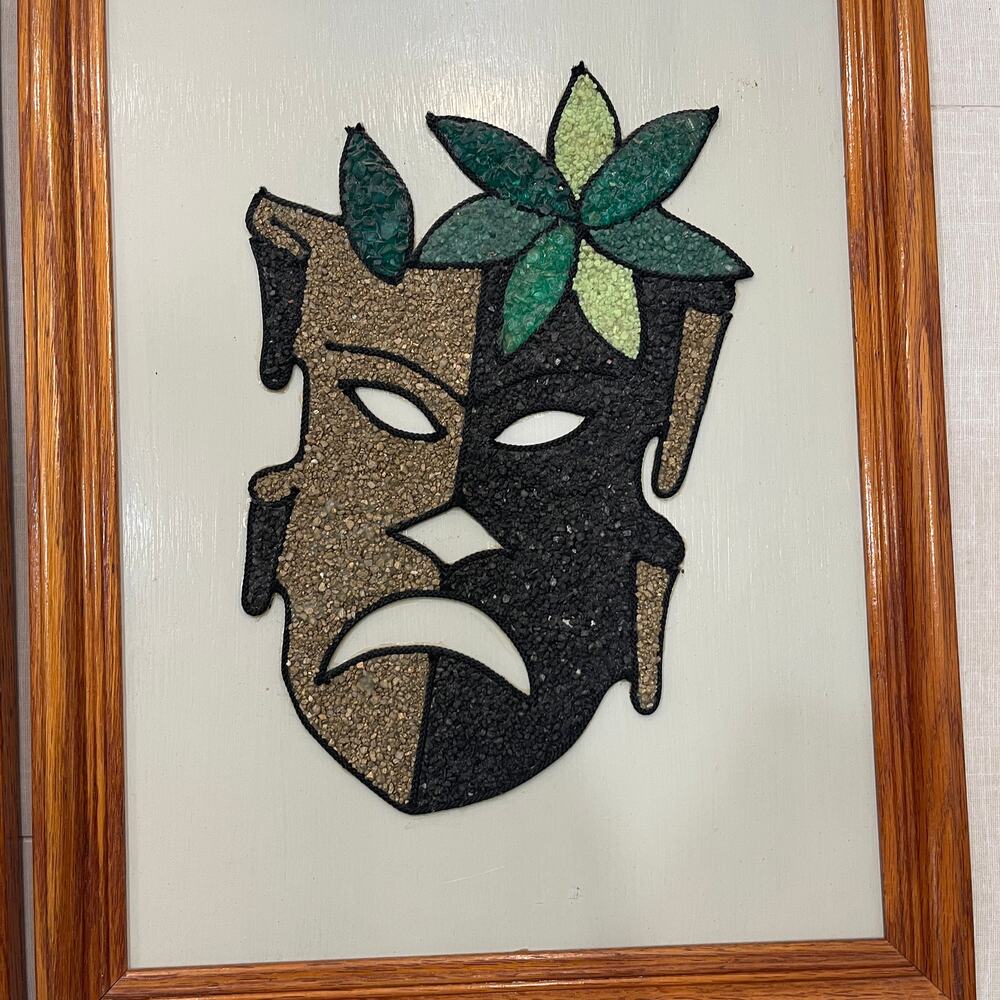 Vintage MCM Set of 2 Comedy and Tragedy 1960's Mosaic Pebble Gravel Art